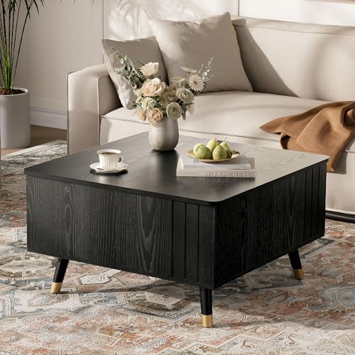 JOINICE Square Lift Top Coffee Table with Storage for Living Room,Black | 32" Multi-functional Pop Up Center Table,Large Hidden Compartments with Solid Wood Legs,Lift to 23",Hold 100lbs,Easy Assembly - color: Black_square