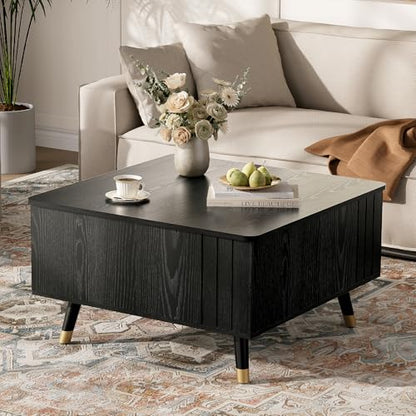JOINICE Square Lift Top Coffee Table with Storage for Living Room,Black | 32" Multi-functional Pop Up Center Table,Large Hidden Compartments with Solid Wood Legs,Lift to 23",Hold 100lbs,Easy Assembly - color: Black_square