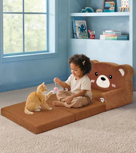 Foryoomi Kids Couch, 2-in-1 Soft Toddler Couch Fold Out with Blanket, Chair Comfy, Foldable Convertible Plush Sofa, Gifts for Kids Girl Boys, Bear - color: Bear