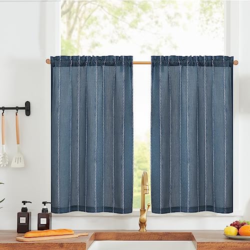 jinchan Nautical Striped Linen Kitchen Curtains 24 Inches Farmhouse Tier Cafe Curtains for Living Room Bathroom Laundry RV Rustic Half Window Light Filtering 2 Panels Dusty Navy - color: Nautical Striped Blue, size: 26"W x 24"L (Pack of 2)