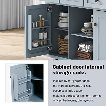 53'' Rolling Kitchen Island with Storage, Large Kitchen Cart On Wheels with Drop Leaf & Power Outlet & Drawers, Mobile Kitchen Table with 3 Drawers, for Dining Room (Grey Blue) - color: Grey Blue