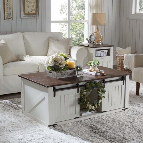 IFGET 48" Lift Top Coffee Table, Farmhouse Cocktai with Sliding Groove Barn Door, Rustic Wood Center Table w/Double Storage Spaces for Living Room, White - color: White