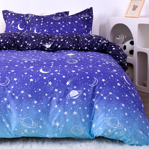 JSD Blue Stars Space Theme Kids Boys Duvet Cover Set Twin Size | 2 Piece Soft Printed Microfiber Duvet Cover with Pillow Sham Zipper Closure, Comforter Not Included, Oeko-Tex Certified - color: Blue Stars, size: Twin