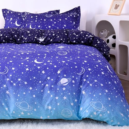 JSD Blue Stars Space Theme Kids Boys Duvet Cover Set Twin Size | 2 Piece Soft Printed Microfiber Duvet Cover with Pillow Sham Zipper Closure, Comforter Not Included, Oeko-Tex Certified - color: Blue Stars, size: Twin
