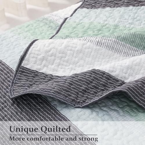 DURLENGEN Quilt Set Queen Size 3Pcs,Soft Microfiber Lightweight Bedspread,White & Green Striped Geometric Pattern Coverlet for All Season Layering(Queen 90x96,Mint Green) - color: Mint Green, size: Queen(90" x 96")