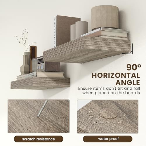 Deep Floating Shelves, 24'' x 12'' Grey Shelves for Wall Set of 2 | Invisible Brackets, Engineered Wood, Mounting Hardware Included, 40LBS, Bathroom, Laundry Room, Kitchen, Living Room - color: Grey, size: 24W x 11.6D x 2H, 2 Pack