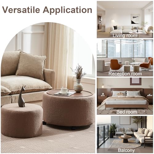 28 Inch Round Storage Ottoman with Wheels Set of 2, Multifunctional Coffee Table Ottoman with Removable Solid Wood Lid, Modern Circle Ottoman Foot Rest for Living Room, Bedroom, Brown - color: Brown