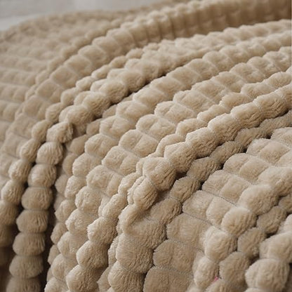Puncuntex Fleece Throw Blanket Khaki 50"×60" with Square Grid Design | Super Soft Plush Cozy Flannel Throw Blanket Luxury for Couch Sofa Chair - color: Khaki, size: 50"×60"