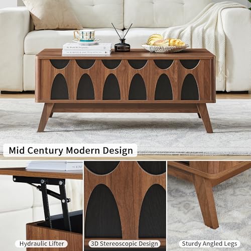 Bifins Coffee Table, Lift Top Coffee Table with Hidden Compartment | Mid Century Modern Coffee Table with Storage, Rectangular Center Table with Lift Tabletop for Living Room - color: Walnut and Black