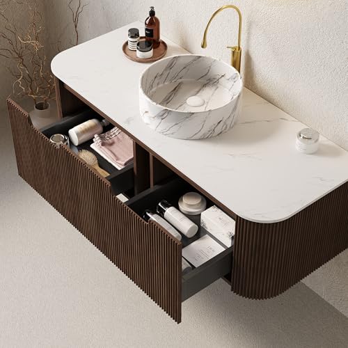 48” Floating Bathroom Vanity with Sink, Fluted Wall-Mounted Solid Wood Cabinet, White Marble-Pattern Ceramic Basin, Faux Marble Top, Soft-Close Drawer, Pre-Assembled, Walnut Woodgrain - color: 03 - Walnut Woodgrain, size: 48"