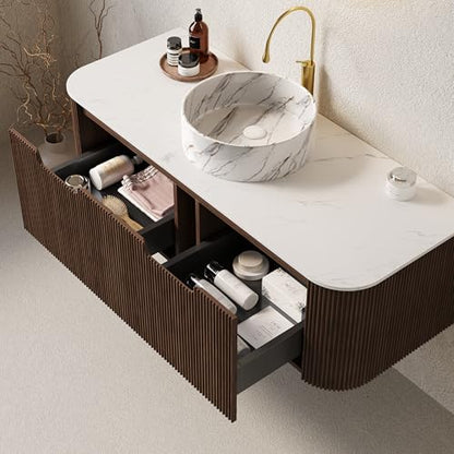 48” Floating Bathroom Vanity with Sink, Fluted Wall-Mounted Solid Wood Cabinet, White Marble-Pattern Ceramic Basin, Faux Marble Top, Soft-Close Drawer, Pre-Assembled, Walnut Woodgrain - color: 03 - Walnut Woodgrain, size: 48"