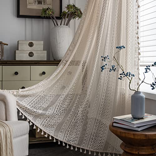 Sutuo Home Boho Curtains 120 inches for Bedroom Living Room Patio Doorway, Crochet Lace Sheer Bohemian Extra Long with Tassels,Window Treatment Drape, Single 1 Panel 59" W x 120" L, Beige - color: Beige Crochet, size: 59"W x 120"L (Pack of 1)