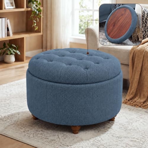 25" Round Ottoman with Storage, Small Coffee Table with Reversible Tray Lid | Tufted Fabric Round Storage Ottoman with Solid Wood Legs, 3-in-1 Footrest for Living Room, Bedroom, Entryway, Blue - color: Blue