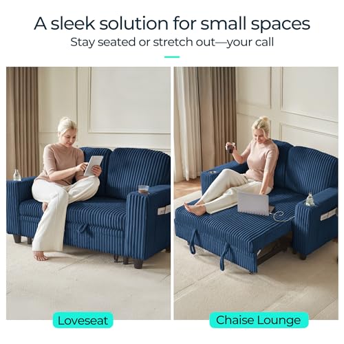 LINSY HOME Loveseat Sofa with Pull Out Couch Chaise: 2-in-1 Convertible 2 Seater Sofa with USB Charging & Cup Holders, Comfy Plush Corduroy Love Seat for Small Spaces Living Room Apartment, Blue