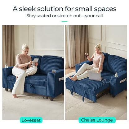 LINSY HOME Loveseat Sofa with Pull Out Couch Chaise: 2-in-1 Convertible 2 Seater Sofa with USB Charging & Cup Holders, Comfy Plush Corduroy Love Seat for Small Spaces Living Room Apartment, Blue