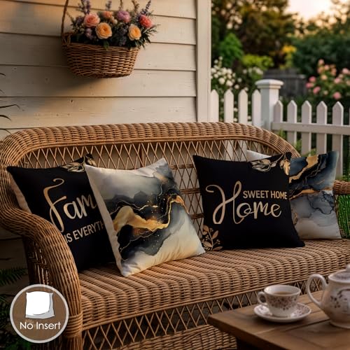OBSEDE Black Gold Marble Sweet Home Throw Pillow Covers 18 x 18 Set of 4 | Decorative Faux Linen, Elegant Family Quotes Pattern, Cozy Sofa Bed Cushion Cases, Modern Home Accent, Housewarming Gift Idea - color: Black Gold Marble Sweet Home, size: 18" x 18"