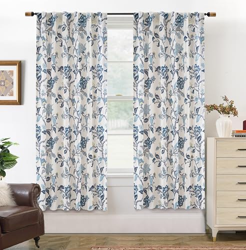 DriftAway Ada Floral Botanical Print Flower Leaf Lined Thermal Insulated Room Darkening Linen Blend 100% Blackout Back Tab Window Curtains 2 Layers Set of 2 Panels Each 52 Inch by 63 Inch Navy - color: Navy-back Tab, size: 52"W x 63"L (Pack of 2)