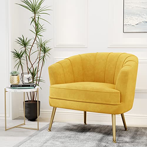Velvet Accent Chair, Barrel Armchair, Yellow | Velvet Upholstery, Golden Metal Legs, Comfy Barrel Back, Modern Style, Living Room Bedroom Office - color: Yellow, size: 1 Chair