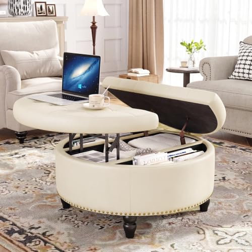 FiveWillowise 30 Inch Large Round Ottoman with Storage Circular,Cream White | Leather Coffee Table with Lift Top,Modern Upholstered Button Tufted Footrest Stool Solid Wood Legs for Living Room,Bedroom - color: Cream White