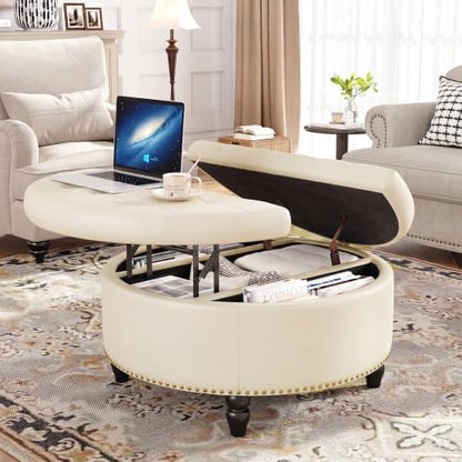 FiveWillowise 30 Inch Large Round Ottoman with Storage Circular,Cream White | Leather Coffee Table with Lift Top,Modern Upholstered Button Tufted Footrest Stool Solid Wood Legs for Living Room,Bedroom - color: Cream White