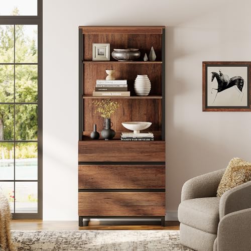 WAMPAT Modern 72" Tall Bookshelf with 3 Drawers and Open Book Shelves, Library Bookcase with Storage Cabinet, Wood Freestanding Book Shelf for Home Office, Living Room, Brown - color: Brown-b, size: 1 PCS