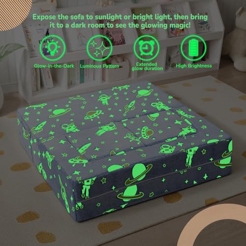 MeMoreCool Glow Modular Kids Couch, Denim Rocket | modular foam seating, removable washable cover, rocket glow design, lightweight pieces, playroom furniture - color: Denim Rocket