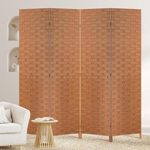 BLKMTY Room Divider, 6ft Folding Privacy Screens, Wall Divider Portable Room Seperating Freestanding Wood Screen, 4 Panels Hand-Woven Design Screen Double Hinged Dividers for Bedroom, Natural - color: Natural