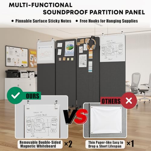 4 Panel Soundproof Room Divider W/Wheels, Office Divider with Whiteboard | 66" H with Detachable Whiteboard/Clips/Hooks/Pushpins,Wheeled Room Dividers, Easy to Move,For Conference Room Partitions - color: Dark Grey, size: 4-Panel-with Board
