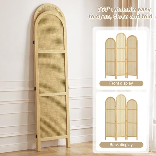 3-Panel Hand-Woven Rattan Room Divider, Tall Foldable Privacy Screen with Wooden Frame - Freestanding Portable Partition for Home Office, Bedroom, Bathroom(Natural-Wave) - color: Natural-wave