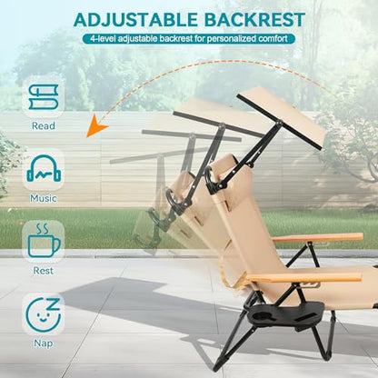 Beach Lounge Chair with Sun Shade, Folding Outdoor Chaise Lounge Chair with Arms, 4-Position Backrest, Extended Sun Tanning Chair Pillow & Cup Holder, Patio Lounger for Outside for Beach(Beige-U) - color: Beige-u