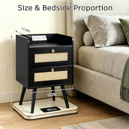 Rattan Nightstands Set of 2, Boho Bedside Table with 2 Drawers | Nightstands Set of 2 with Charging Station, Open Storage End Tables for Bedroom, Small Spaces and Dorm, Solid Wood Legs,Black - color: Black