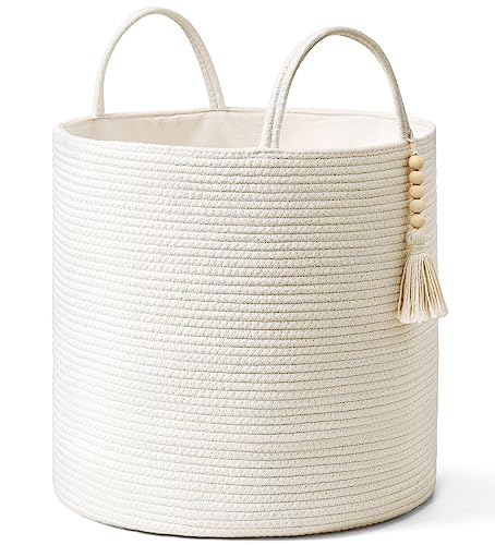 Mkono Woven Storage Basket for Blanket, Toys Plant Organizer, 15"W x 17.7"L | White, Cotton, Decorative Basket with Handle, Wood Beads Tassel, Shoes Towel Clothes Storage Bin, Living Room Bedroom Nursery - color: White, size: 15" W × 17.7"L
