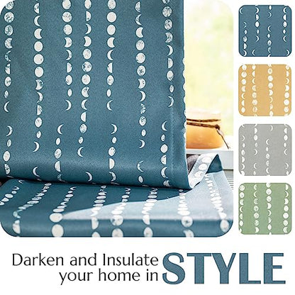 jinchan Boho Blackout Curtains 63 Inch Length Moon Phase Printed Drapes | Blue Farmhouse Curtains for Bedroom Living Room Back Tab Drapes Room Darkening Window Treatments 2 Panels - color: Luna | Blue, size: 52"W x 63"L (Pack of 2)