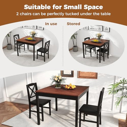 GOFLAME 3-Piece Dining Table Set for 2, Wooden Square Kitchen Table with 2 Upholstered Chairs, Space-Saving Dining Room Furniture Set for Dining Room, Breakfast Nook, Small Space, Brown & Black - color: Brown & Black