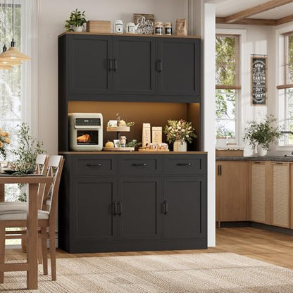 HOSTACK Kitchen Pantry Cabinet, Tall Kitchen Hutch Cabinet, Black/Brown | 47"W Food Pantry Cabinet with Smart LED / Charging Station / Countertop / 3 Large Drawers, 72"H Storage Hutch for Dining Room - color: Black/Rustic Brown