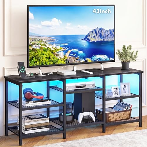 YGEOMER Entertainment Center for TVs Up to 50in with LED Lights, Black | Fits 32/40/43/48in TVs, 11.8in depth, 21.5in height, open shelves, 2 AC outlets,2 USB ports & 1 Type-C, bedroom living room - color: Black
