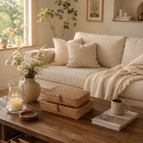 YANGQIHOME Set of 2 Seagrass Baskets with Lids, Rectangular Woven Storage Baskets, Natural Wicker Basket Boxes for Coffee Table, Shelf, Bathroom Counter & Closet Decor (Coffee, Set of 2) - color: Coffee, size: Set of 2