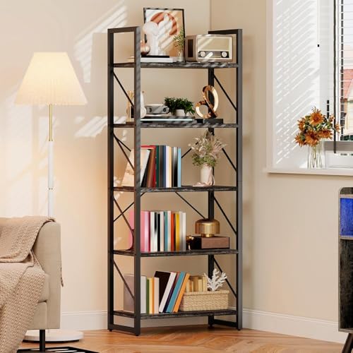 DWVO 5 Tier Bookshelf | Industrial Bookshelves Open Shelf Bookcase, Storage Shelves Organizer Display Rack for Bedroom,Living Room,Office,Kitchen - color: Charcoal Gray