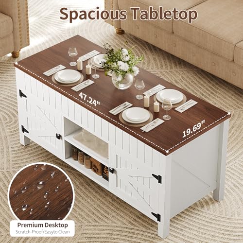 47.3“ Lift Top Coffee Table with Storage - White Coffee Tables for Living Room, Farmhouse Wood Center Table, Large Rectangle Middle Tables with Hidden Compartment & Adjustable Shelf - color: White and Walnut