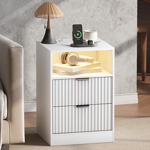 Fluted Nightstand Set of 2, LED Nightstand with Charging Station, Wood Nightstands with 2 Drawers & Metal Handles, Modern Bedside Table & End Tables, Farmhouse Night Stands for Bedroom, White - color: White, style: LED 2 Drawers-2 PCS