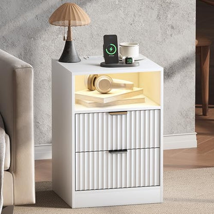 Fluted Nightstand Set of 2, LED Nightstand with Charging Station, Wood Nightstands with 2 Drawers & Metal Handles, Modern Bedside Table & End Tables, Farmhouse Night Stands for Bedroom, White - color: White, style: LED 2 Drawers-2 PCS