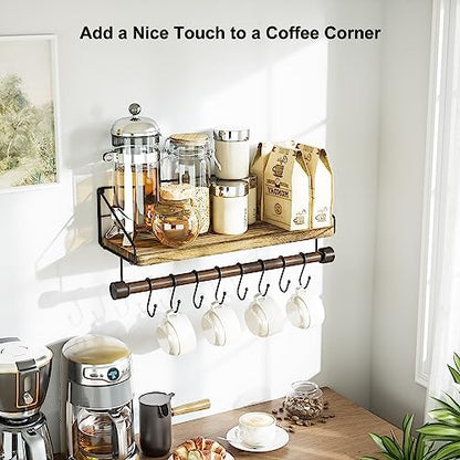 Alsonerbay Floating Shelf for Wall with Wooden Towel Bar, Carbonized Black | 8 removable hooks, rustic finish, space-saving, holds utensils & mugs, easy installation, kitchen & bathroom use - color: Carbonized Black