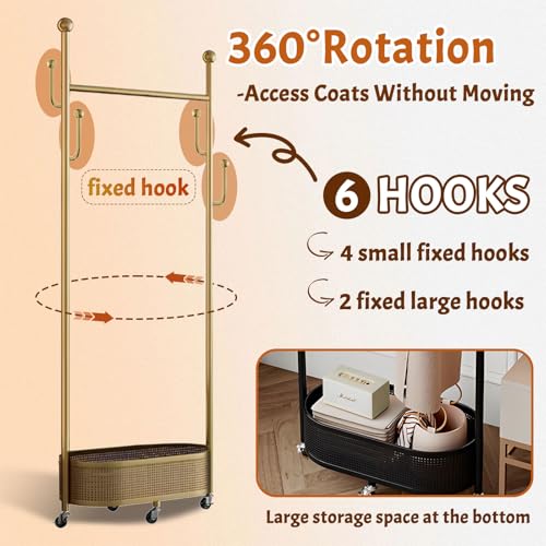 Coat Rack Freestanding Clothing Rack with Wheels & 1 Storage & 4 Hooks Heavy Duty Clothes Rack for Corner Bedroom Entryway Living Room Hotel (Gold) - color: Gold