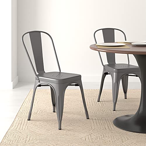 Amazon Basics Metal Dining Chairs, Easy to Assemble, Indoor/Outdoor, Stackable, 330-Pound Capacity, Dark Gray, 4-Pack, 20.1 x 17.1 x 33.5 inches - color: Dark Grey