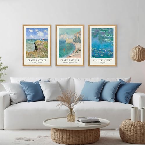 JLTULT Claude Monet Wall Art Set of 3, Solid Wood Frames, 16 x 24 in Each | Monet impressionist prints on fade-resistant canvas with ready-to-hang solid wood frames for living rooms and bedrooms - color: Monet, size: 24"L x 16"W