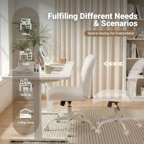 Vanity Chair with Wheels, Armless Office Chair Height Adjustable, Cute Desk Chair with Soft Lumbar Support for Small Space, Bedroom, Make-up Room, White - color: White