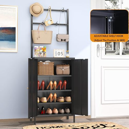 2in1 Hall Tree Shoe Cabinet for Entryway, Hallway, and Living Room,Metal Shoe Coat Rack Cabinet with 3 Adjustable Shelf,Shoe Storage Organizer with Hanging Bar & Hooks (Cabinet With Coat Rack, black) - color: Black, style: Cabinet With Coat Rack