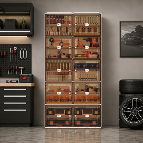 White Foldable Shoe Rack Organizer for 40 Pairs | Tool-free Assembly, Magnetic Clear Door, Anti-Tiping, Sneaker Storage, adjustable shelf, Folding Design, Garage, Entryway - size: 10Tier