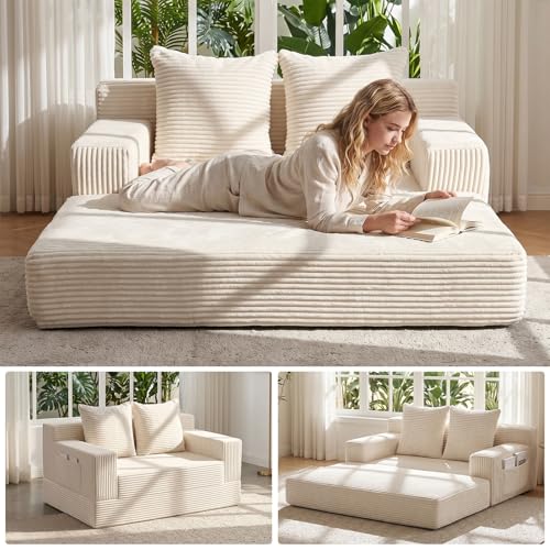 Convertible Sofa Bed,Small Boneless Couch & Boneless Loveseat,Pull Out Couch Bed for Small Spaces,Premium Luxe Corduroy Folding Floor Futon Sleeper with Side Pocket & 2 Pillows,No Assembly Required - color: A-beige, size: Lovseat