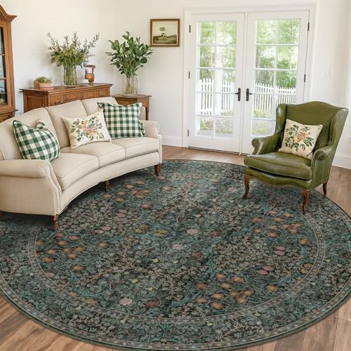 Vintage10ft Round Rug for Living Room, Washable Large Soft Area Rugs for Bedroom, Dining Room Under Table Non Slip, Dark Green Boho Circle Floral Big Carpet Indoor Décor, Low Pile Stain Resistant - color: Dark Green / Black, size: 10' (Round)